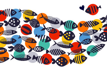 Cute wave fish and polka dots. Vector sea poster.