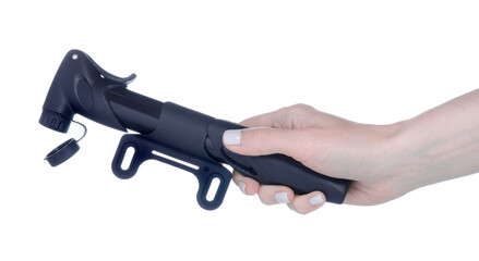 bicycle hand air pump in hand on white background isolation