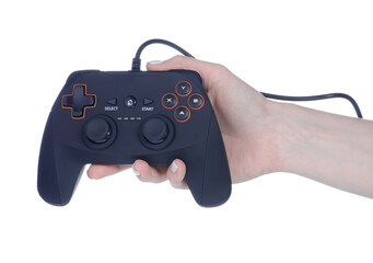 Joystick game controller in hand on white background isolation