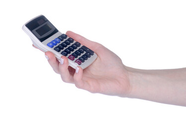 Calculator in hand on white background isolation