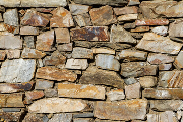 close up of an old stone wall made with irregular ashlars
