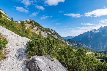 Hiking in the beautiful forest of the Alps. This is a path from mountain pass Vrsic to Slemenova spica with the look on Jalovec mountain.