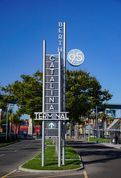 Los Angeles, California USA - May 22 2022: Sign pylon at entrance to Berth 95, Catalina Island Express ocean and air transport, Port of Los Angeles: transportation to Santa Catalina Island.