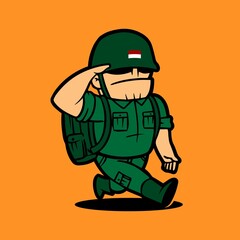 Retro army mascot cartoon character doing salute. Celebration of Indonesia Independence Day.