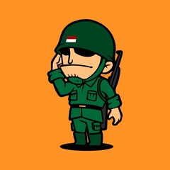 Retro army mascot cartoon character doing salute. Celebration of Indonesia Independence Day.
