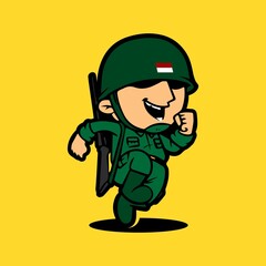 Retro army mascot cartoon character running. Celebration of Indonesia Independence Day.