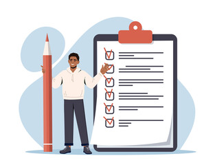 Man stands next to checklist with tick. Concept of successful completion of assigned tasks. Goals and aspirations in life. Planning, productivity and time management. Cartoon flat vector illustration.