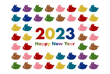 2023年卯年の年賀状イラスト: カラフルなうさぎ模様 