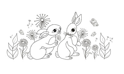 Hand draw coloring with cute bunnies. Easter printable coloring page. Coloring antistress page black and white for childrens and adult