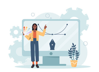 Designer working on project. Modern design studio. Employee stands near monitor and selects palette of colors. Creative process. Profession of digital artist. Cartoon flat vector illustration.