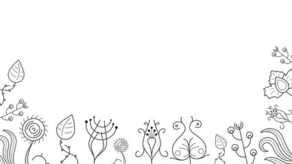 Fototapeta na wymiar Abstract Doodle Background Nature Summer Elements Hand Drawn Collection Botanic Herbal Flora Leaf Branch Vine Flower Plant Elements Vector Desgin Style