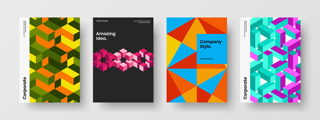 Colorful book cover design vector concept bundle. Multicolored mosaic hexagons company brochure template composition.