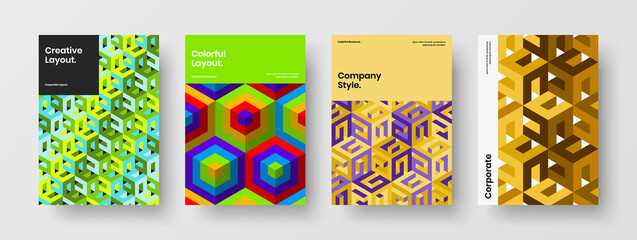 Trendy corporate brochure A4 design vector template set. Isolated mosaic hexagons journal cover layout collection.