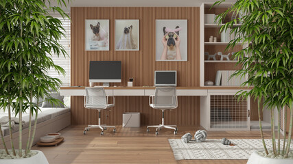 Zen interior with potted bamboo plant, natural interior design concept, pet friendly home corner office, big windows, desk with chairs, dog bed with gate, interior design idea