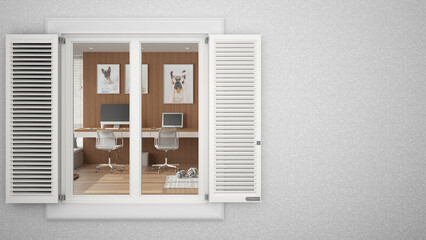 Exterior plaster wall with white window with shutters, showing home corner office with desk, blank background with copy space, architecture design concept idea, mockup template