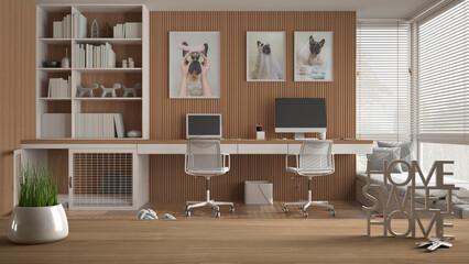 Wooden table, desk or shelf with potted grass plant, house keys and 3D letters home sweet home, pet friendly home corner office, with desk and dog bed, architecture interior design