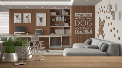 Wooden table, desk or shelf with potted grass plant, house keys and 3D letters home sweet home, pet friendly home corner office, with desk and dog bed, architecture interior design