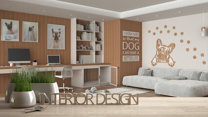 Wooden table, desk or shelf with potted grass plant, house keys and 3D letters making the words interior design, over pet friendly home office, project concept copy space background