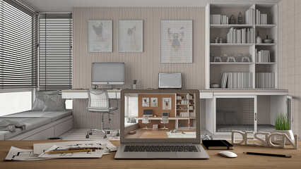 Architect designer desktop concept, laptop on wooden work desk with screen showing interior design project, blueprint draft background, pet friendly home office with desk and dog bed