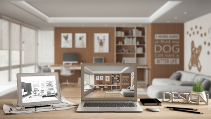 Architect designer desktop concept, laptop and tablet on wooden desk with screen showing interior design project and CAD sketch, pet friendly home office with desk and dog bed