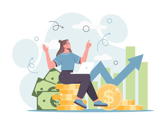 Concept of finance and investment. Girl investor happy to make profit. Smiling woman sits on stack of coins and works on laptop. Salary or income growth with arrow. Cartoon flat vector illustration.