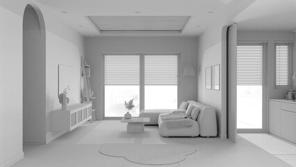 Fototapeta na wymiar Total white project draft, modern wooden living room, velvet sofa with carpet and side table, rattan commode with tv. Big window with blinds, parquet and cane ceiling. Interior design