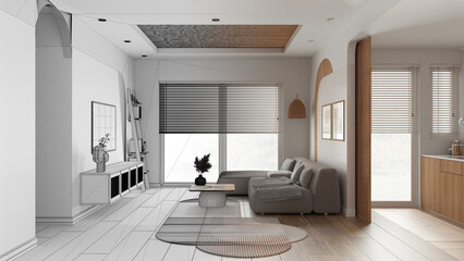 Architect interior designer concept: hand-drawn draft unfinished project that becomes real, modern living room, sofa with carpet and table, commode. Window, parquet and cane ceiling