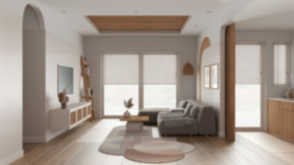 Fototapeta na wymiar Blur background, modern wooden living room, velvet sofa with carpet and side table, rattan commode with television. Big window with blinds, parquet and cane ceiling. Interior design