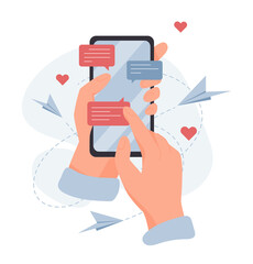 Social media communication. Hand holds smartphone, prints message and sends it. Character chatting with friends or loved one. Online dating. Remote dialog on Internet. Cartoon flat vector illustration