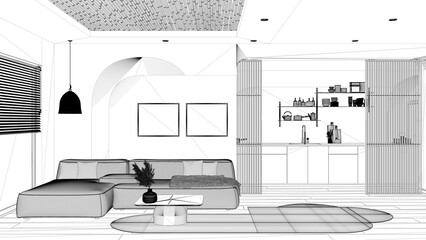 Blueprint project draft, modern wooden kitchen and living room, sofa with carpet and side table, sliding door, shelves. Window with blinds, parquet and cane ceiling. Interior design