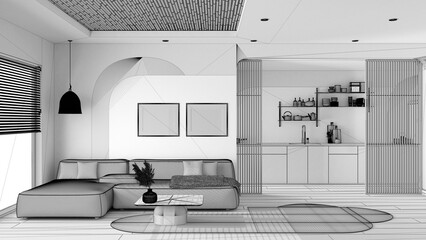 Unfinished project draft, modern wooden kitchen and living room, sofa with carpet and side table, sliding door, shelves. Window with blinds, parquet and cane ceiling. Interior design