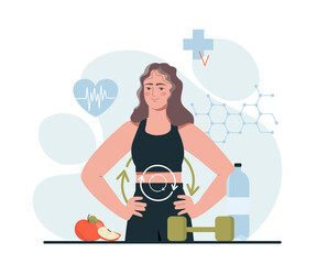 Metabolic process of woman on diet. Young beautiful girl does sport and eats good food. Healthy lifestyle and digestive system. Stable levels of hormones and vitamins. Cartoon flat vector illustration