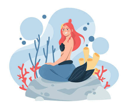 Cute mermaid with corals. Fictional character from fairy tale. Fabulous underwater world and marine life. Image for printing in childrens books, clothes or stickers. Cartoon flat vector illustration.