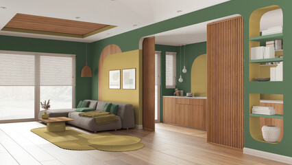 Modern wooden kitchen and living room in green tones, velvet sofa with carpet and side table, sliding door, shelves. Big window with blinds, parquet and cane ceiling. Interior design