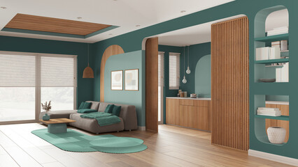 Modern wooden kitchen and living room in turquoise tones, velvet sofa with carpet and side table, sliding door, shelves. Window with blinds, parquet and cane ceiling. Interior design