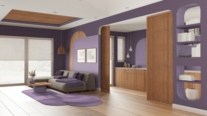 Modern wooden kitchen and living room in purple tones, velvet sofa with carpet and side table,...