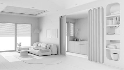 Total white project draft, modern wooden kitchen and living room, sofa with carpet and side table, sliding door, shelves. Window with blinds, parquet and cane ceiling. Interior design