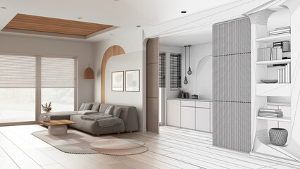 Architect interior designer concept: hand-drawn draft unfinished project that becomes real, modern kitchen and living room, sofa, sliding door, shelves. Window, parquet, cane ceiling