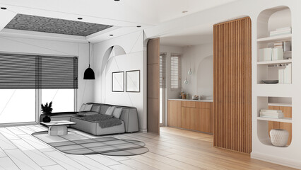 Architect interior designer concept: hand-drawn draft unfinished project that becomes real, modern kitchen and living room, sofa, sliding door, shelves. Window, parquet, cane ceiling