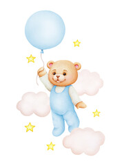 Cute cartoon teddy bear with air balloon; watercolor hand drawn illustration; can be used for kid posters, card, invitation
