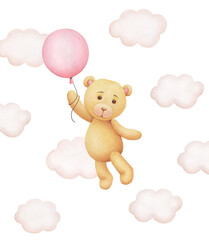 Cute cartoon teddy bear with air balloon; watercolor hand drawn illustration; can be used for kid posters, card, invitation
