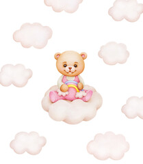 Cute cartoon teddy bear; watercolor hand drawn illustration; can be used for kid posters, card, invitation. It's a girl