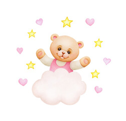 Cute cartoon teddy bear; watercolor hand drawn illustration; can be used for kid posters, card, invitation. It's a girl