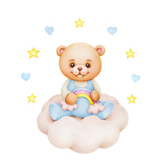 Cute cartoon teddy bear; watercolor hand drawn illustration; can be used for kid posters, card, invitation. It's a boy