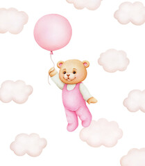 Cute cartoon teddy bear with air balloon; watercolor hand drawn illustration; can be used for kid posters, card, invitation
