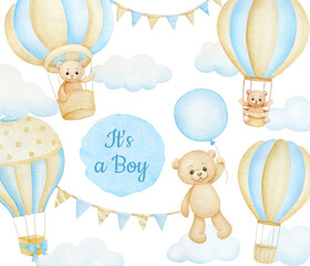 Cute cartoon teddy bears with air balloon, clouds; watercolor hand drawn illustration; can be used for kid posters, card, invitation. It's a Boy
