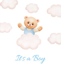 Cute cartoon teddy bear; watercolor hand drawn illustration; can be used for kid posters, card, invitation. It's a boy