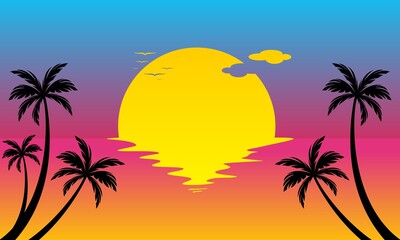 Fototapeta na wymiar Sunset on the sea with coconut tree vector design