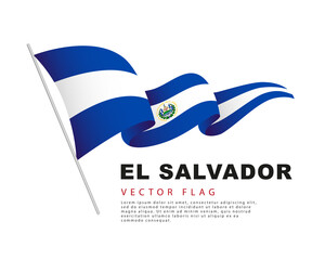 The flag of El Salvador hangs on a flagpole and flutters in the wind. Vector illustration isolated on white background.