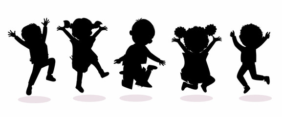 happy kids jumping together joyfully Silhouettes premium vector template